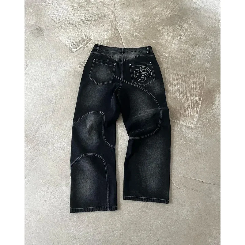 

Street washed punk vintage men patchwork jeans Y2K fashionable loose fitting Gothic high waisted Harajuku straight leg pants