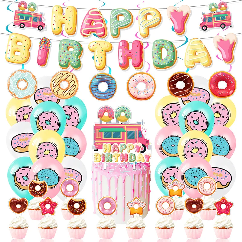 Cheereveal Sweet Donut Theme Birthday Decoration Balloon Set Happy Birthday Banner for Girl Donut Birthday Party Decor Supplies