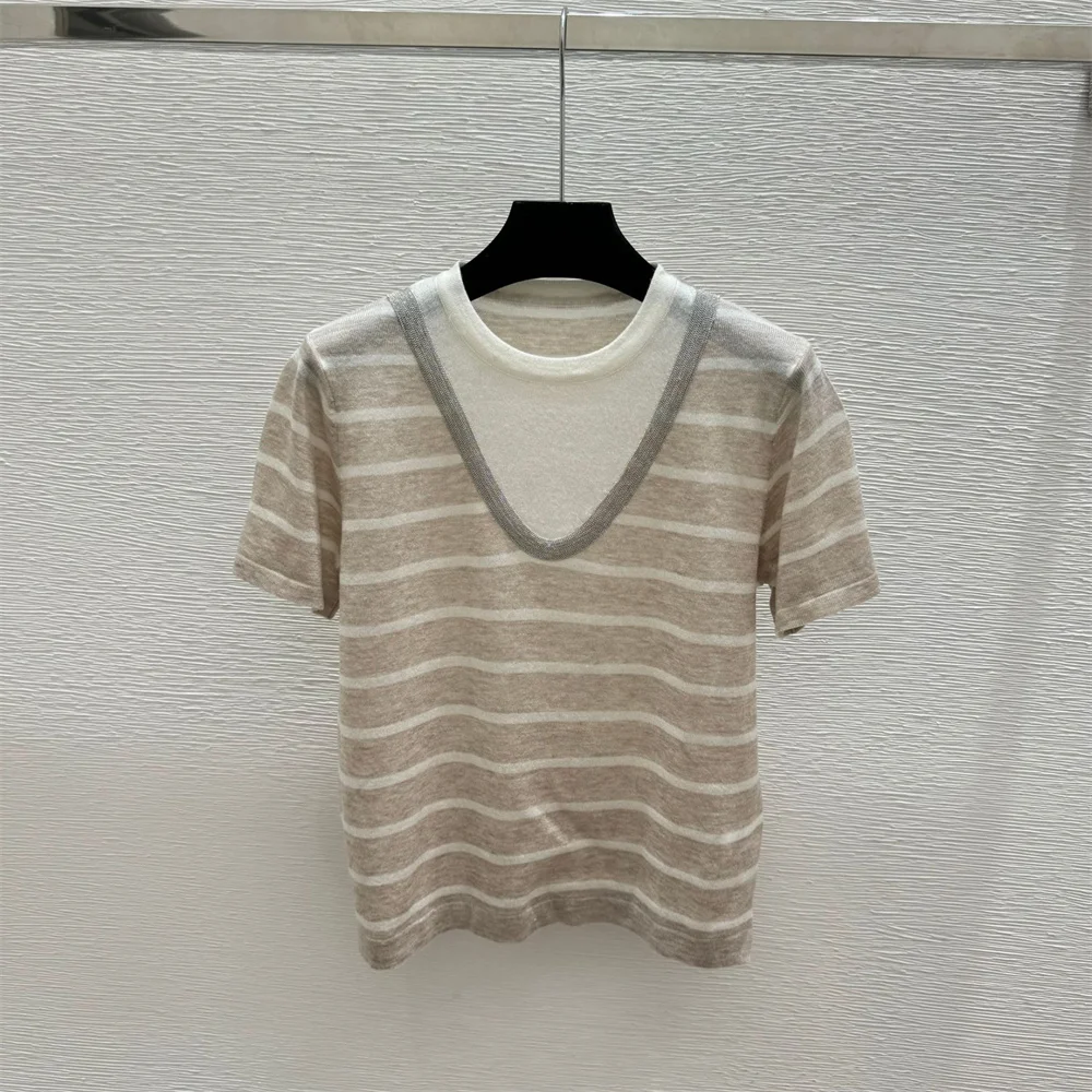 Wool Striped Knit Short-Sleeved T-Shirt Sophisticated Fake Two-Piece Design Unique Versatile Commuting Top for Women.