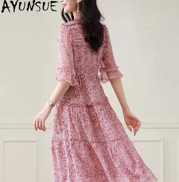 AYUNSUE 100% Natural Mulberry Silk Womens Dresses Elegant Dresses for Women Summer Clothes Long Dress Slim Fit Vestidos De Mujer