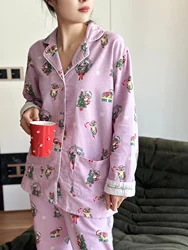 Women's Cotton Pyjama Suit Long Sleeve Single Breasted Ladies Sleepwear 2 Pcs with Pants Comfortable Pockets Pijamas Feminino