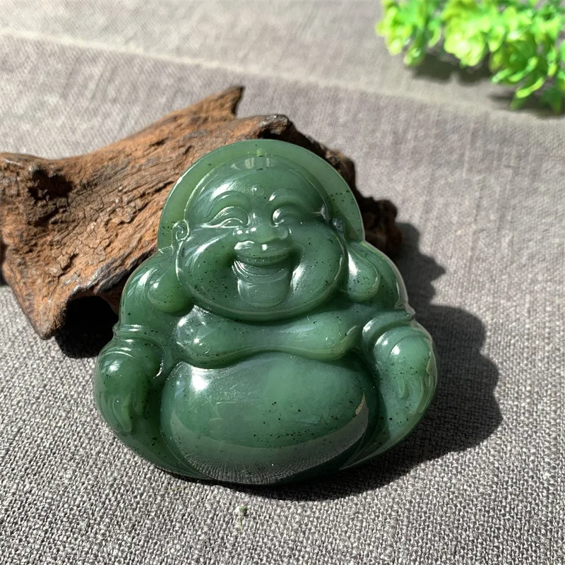 Hetian , , Spinach Green , Female Pendant, Large-Bellied Maitreya , Laughing Buddha Jade