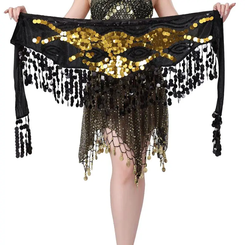 Sciarpa per fianchi con paillettes da donna Nappa lucida Danza del ventre Gonna a catena in vita Costume femminile Cintura avvolgente per feste Abiti per spettacoli teatrali