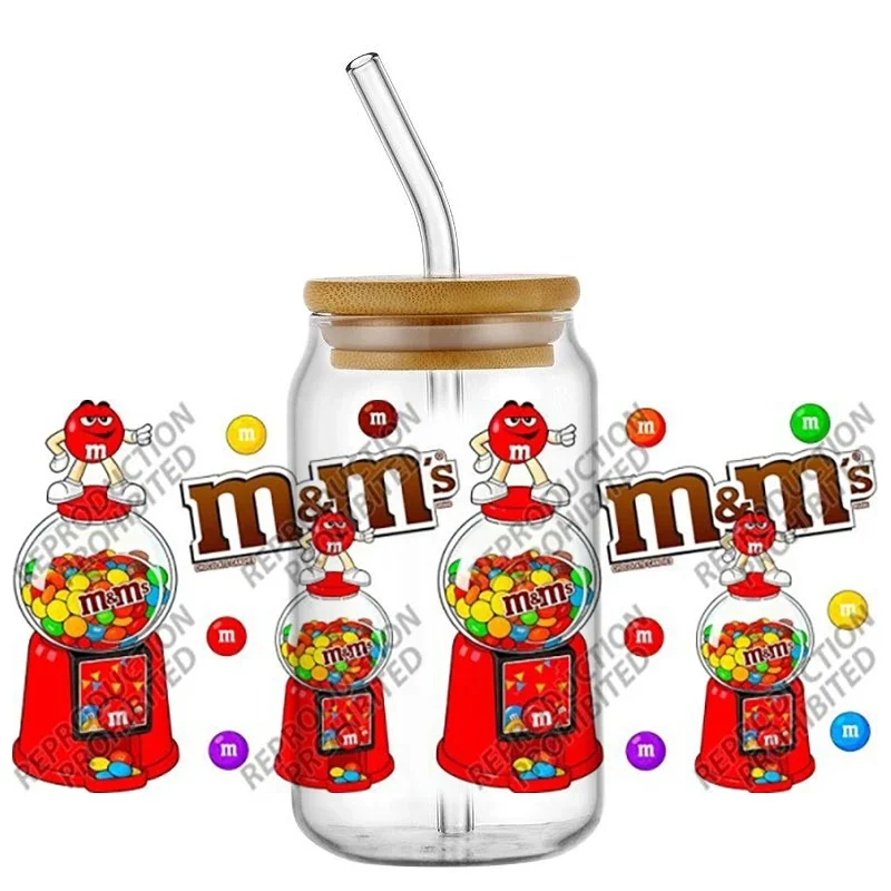 Colorful Round Candy Character UV DTF Wraps, Fun Cartoon Stickers for 16oz Glass Cans, Waterproof DIY Chocolate Bean Themed Tran
