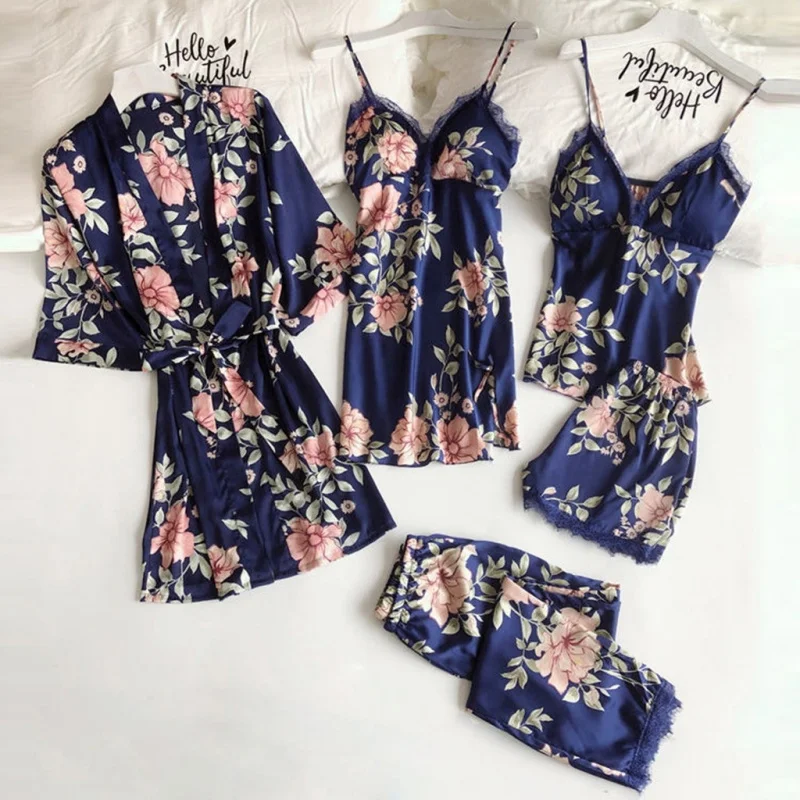Conjunto de Camisola Estampada para Mujer al por Mayor del Fabricante, Ropa de Casa Suelta y Cómoda, Conjunto de 5 Piezas para Descansar, Camisón y Bata de Baño