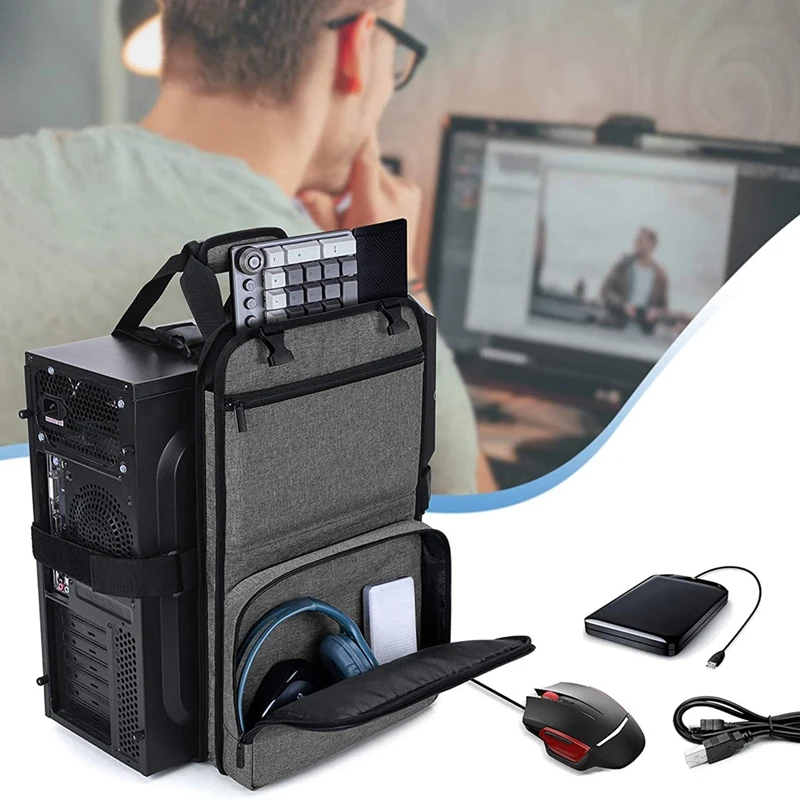 Desktop Computer Case Belt Holder Desktop Carrying Case with Pockets for Keyboard Cable Headphone for Transporting-PZZW