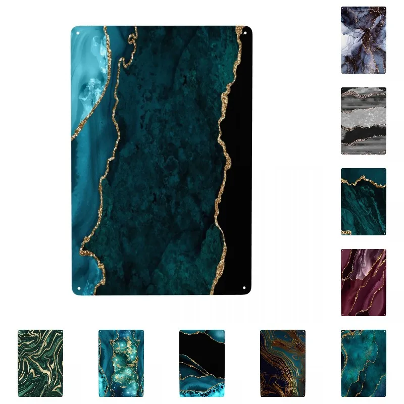 Turquoise And Gold Agate Slice Metal Tin Sign Rectangle Custom Aquamarine Geode Signs Plaques Bar Cafe Restaurant Wall Decor Art