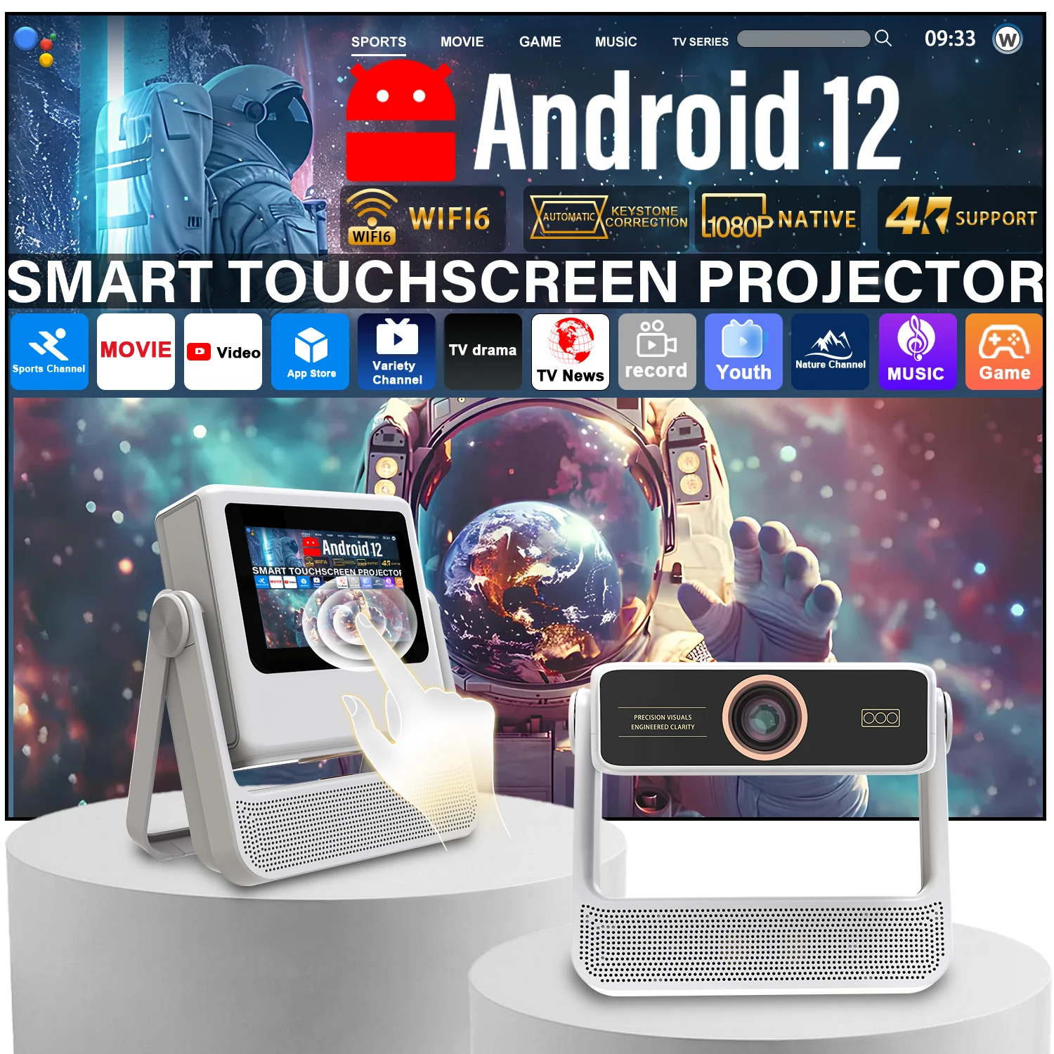 Home Cinema Kids - 7-Zoll Touchscreen-Projektor 4K HDMI USB BT-Lautsprecher
