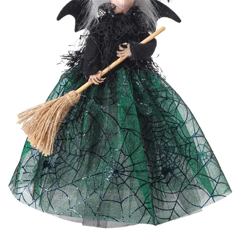 Halloween Witch Decoration 11 Inches Witch Doll Halloween Veil Witch Doll Witch Hat and Witch Broom Green