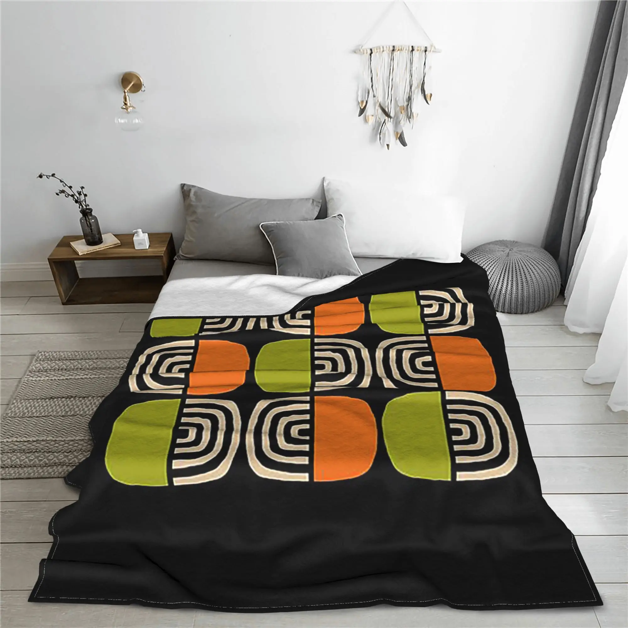 Half Concentric Circle Pattern Black Orange Green and Beig Blankets Breathable Fleece Sofa Throw Blanket for Home Bedroom Travel