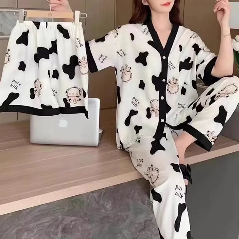 Pajamas Three-Piece Spring and Summer Loose Cardigan Cute Sweet Homewear Casual and Comfortable Thousand Birds Black Pajama Set