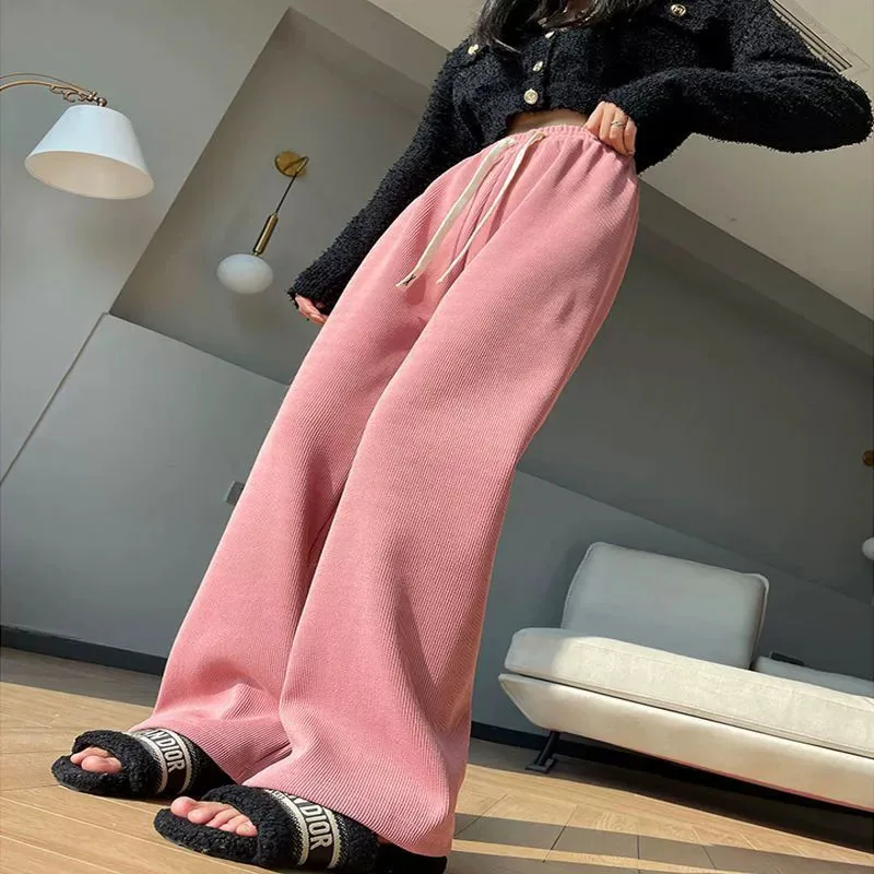 Korean Loose Thicken Warm Pants for Women Autumn Winter Casual Fleece Corduroy Trousers Female High Waist Velvet Wide Leg Pants