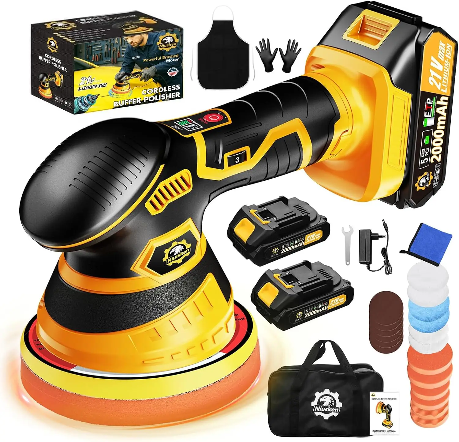 

Cordless Car Buffer Polisher Kit, 21V 2x2000mAh Batteries, 18PCS, 6-Speed, LED Display, Lightweight for Waxing & Polishing