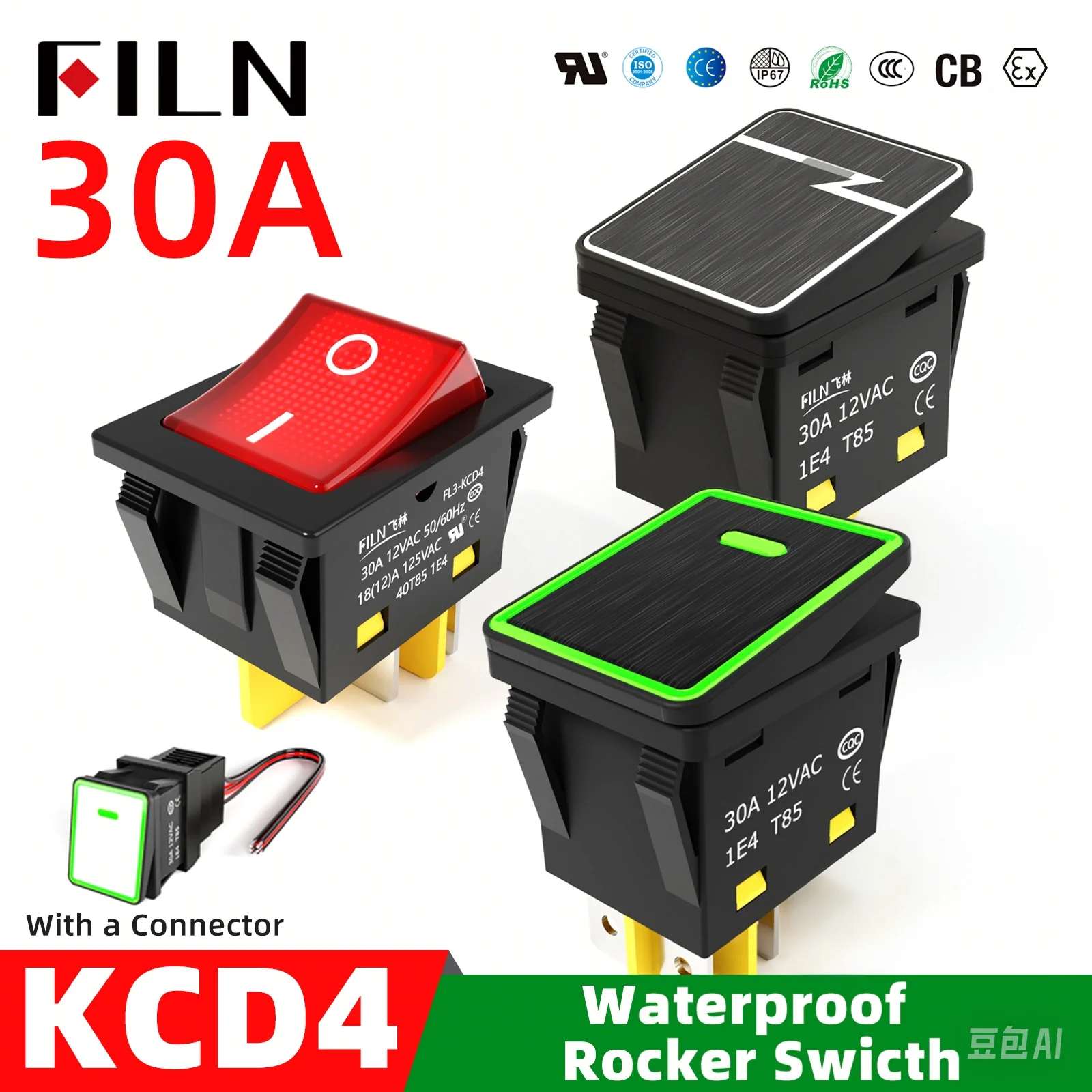 FILN 30A/250V Heavy Duty 4-pin DPST IP67 Sealed Waterproof T85 Auto Boat Marine Toggle Rocker Switch with LED 12V 220V 30x22