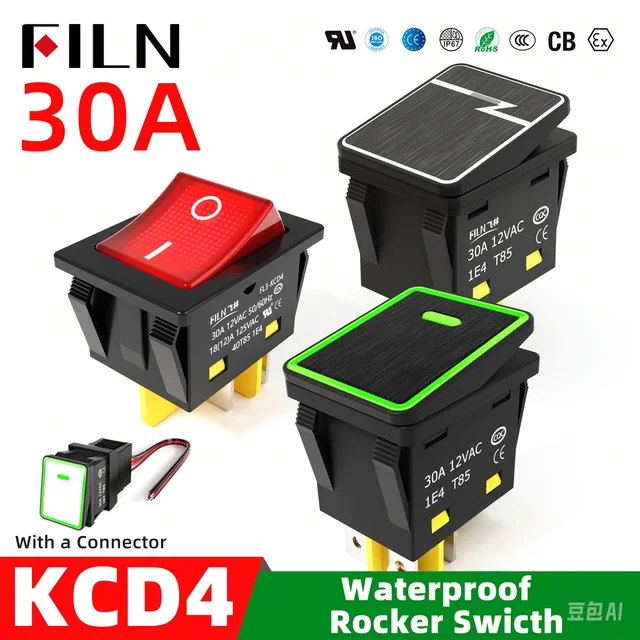 FILN 30A/250V Heavy Duty 4-pin DPST IP67 Sealed Waterproof T85 Auto Boat Marine Toggle Rocker Switch with LED 12V 220V 30x22