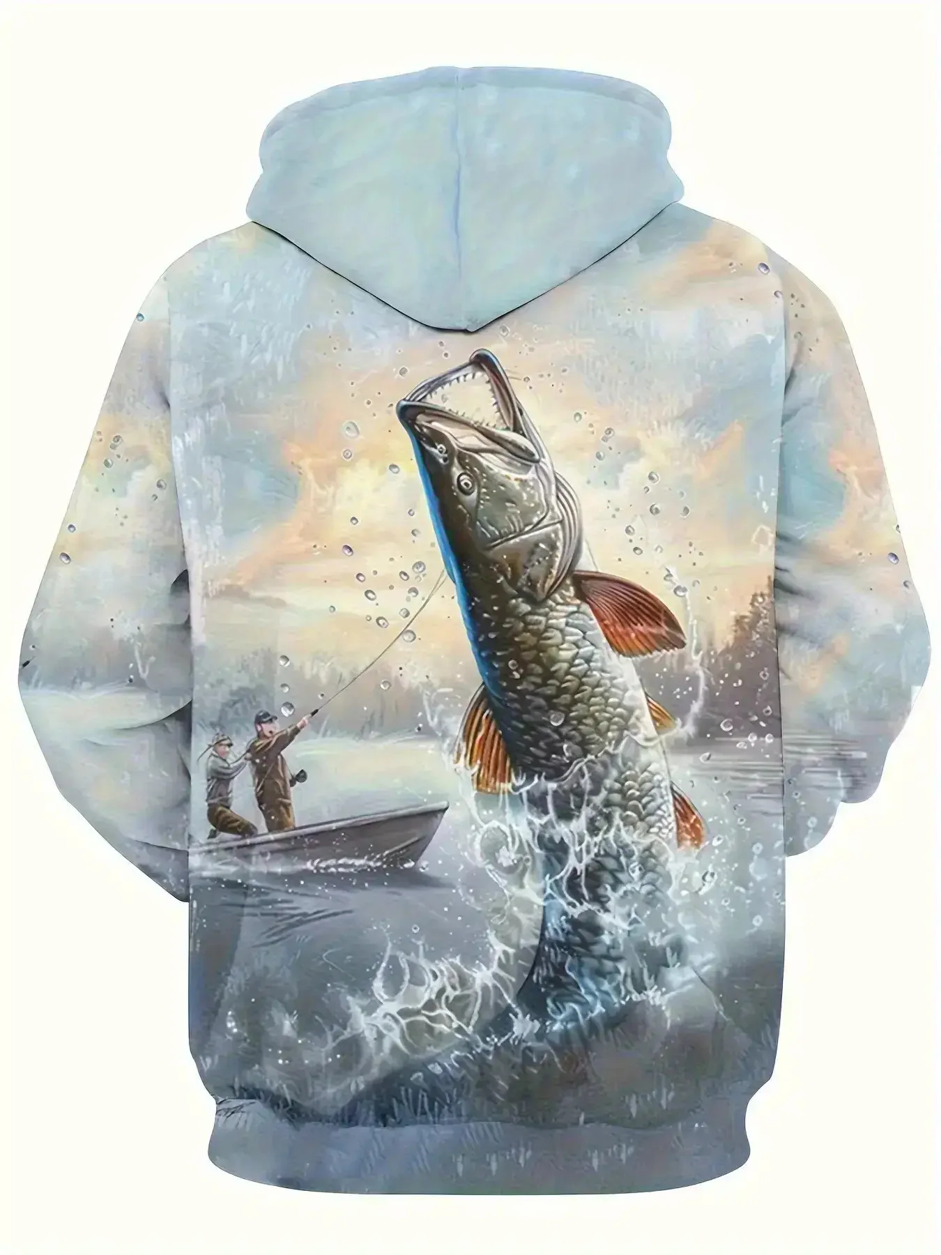 Men Lake Fishing Boat Big Pike Splash Landscape All Over Print Drawstring Hoodie With Pocket