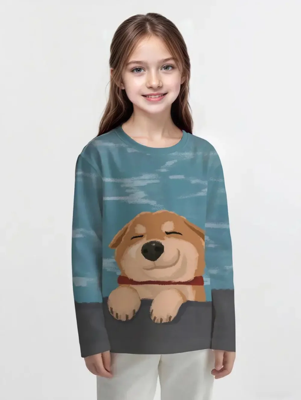 الفتيات الملابس الكرتون الكلب طباعة كم طويل بلايز فتاة تي شيرتات عجيبة الصيف لطيف الملابس 2-10y موضة ملابس الأطفال غير رسمية #3