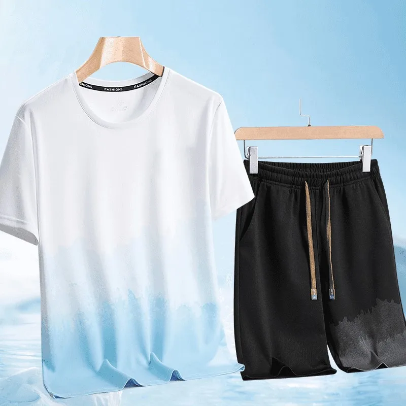 

Summer Men's Gradient Sportswear Set Breathable O-Neck Unisex Quick Drying T-shirt Suits 2-piece Training Basketball Shorts Sets