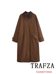 TRAFZA Vintage Casual Chic Women Jackets Solid Belt Single Breasted Turn-down Collar Long Coat Fashion 2024 Autumn Winter Coat