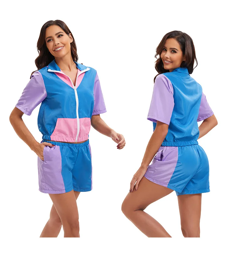 كرنفال ديسكو ريترو 80s العصرية الأزياء سستة المرأة الرياضية حزب مرحلة الأداء اللباس مجموعة