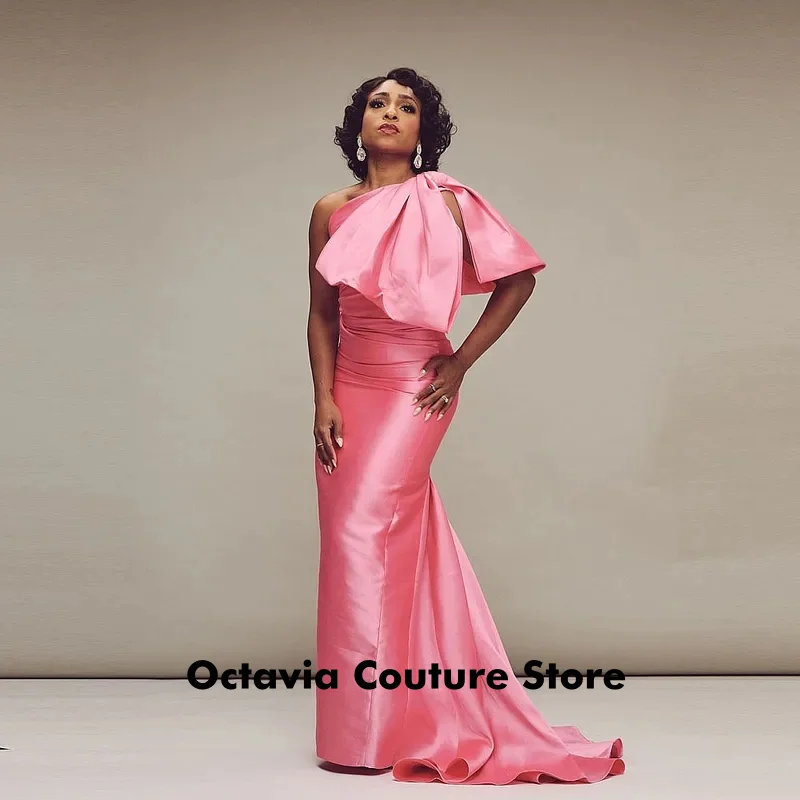 

Pink One Shoulder Prom Dresses With Big Bow Satin Mermaid Bridesmaid Dress Simple Vestidos