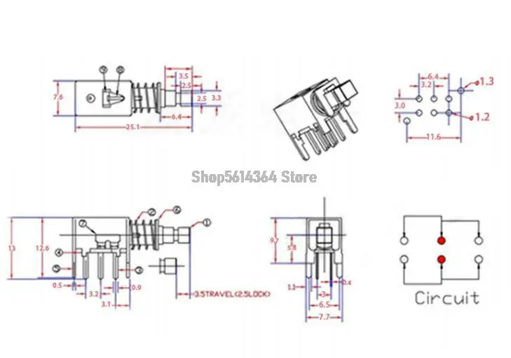 5pcs PS-22F03 Lock/Unlock Red Black 6 Pins Piano Type Push Button Switch 7.6x25.1mm