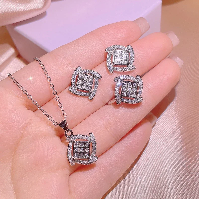 Light Luxury 925 Sterling Silver Exquisitely inlaid AAAAA zirconia square Jewelry Sets Necklace Earrings for Women Three Pieces