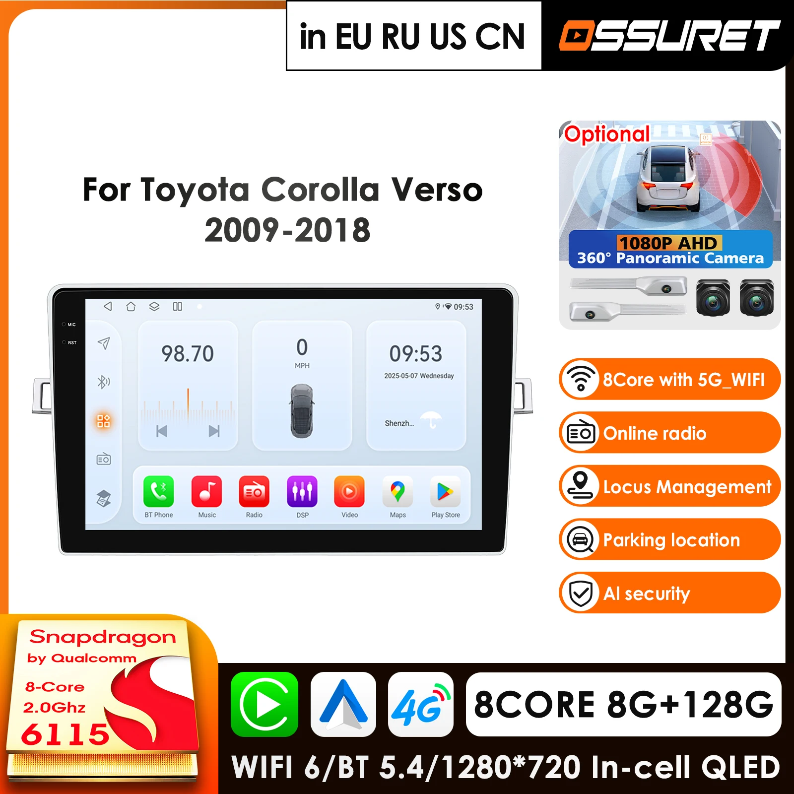 

9-дюймовый интеллектуальный автомобильный плеер Carplay 4G 2DIN Android 14 для Toyota Corolla Verso 2010-18 с видео и камерой 360°, мультимедиа