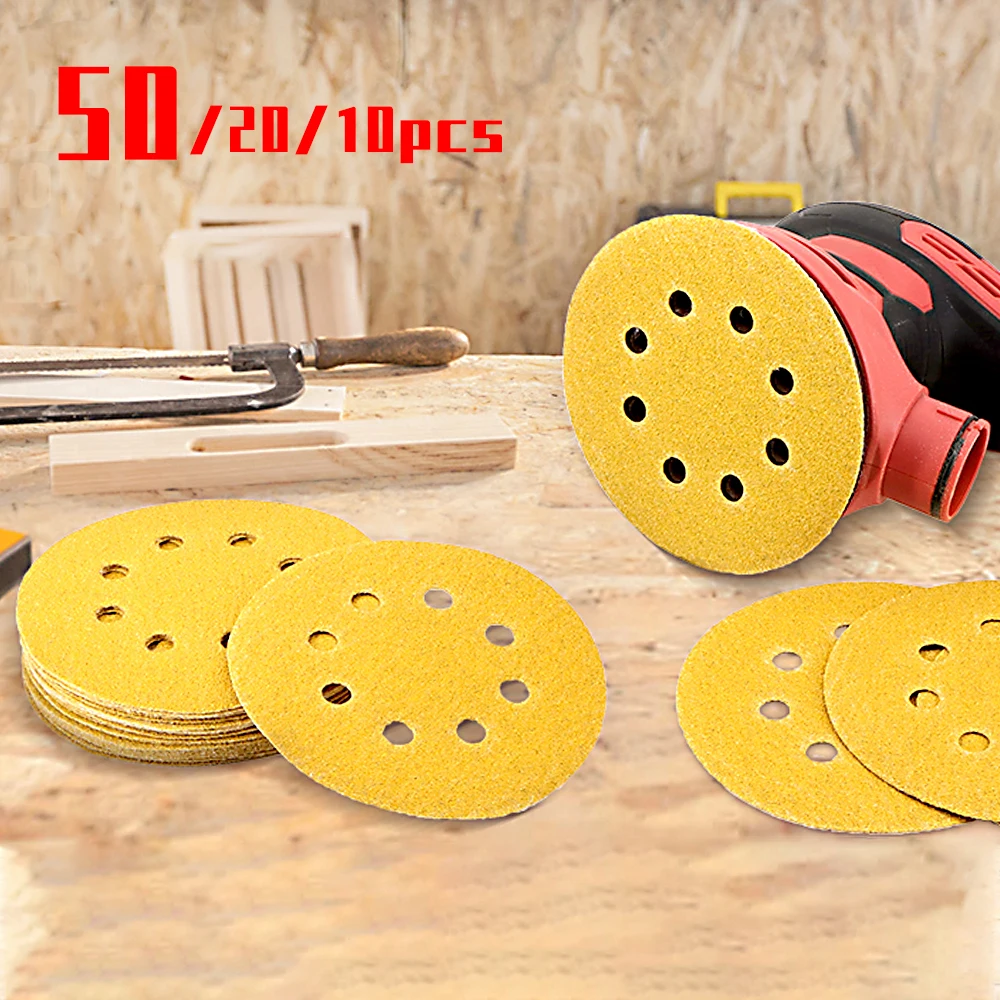 125mm 5 Inch 8 Holes Yellow Sandpaper, Sanding for Discs Grinder Car Woodworking Metal Grinding Disc Abrasive Polishing Tool