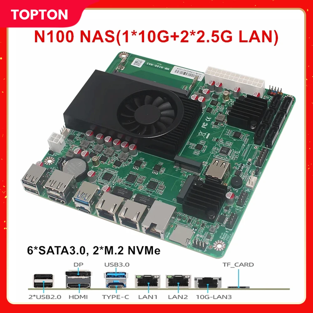 Intel N100 6-Bay NAS Motherboard 1*10G 2*i226-V 2.5G 3LAN 6*SATA3.0 2*M.2 NVMe 1*DDR5 4800MHz Soft Router Firewall ITX Mainboard