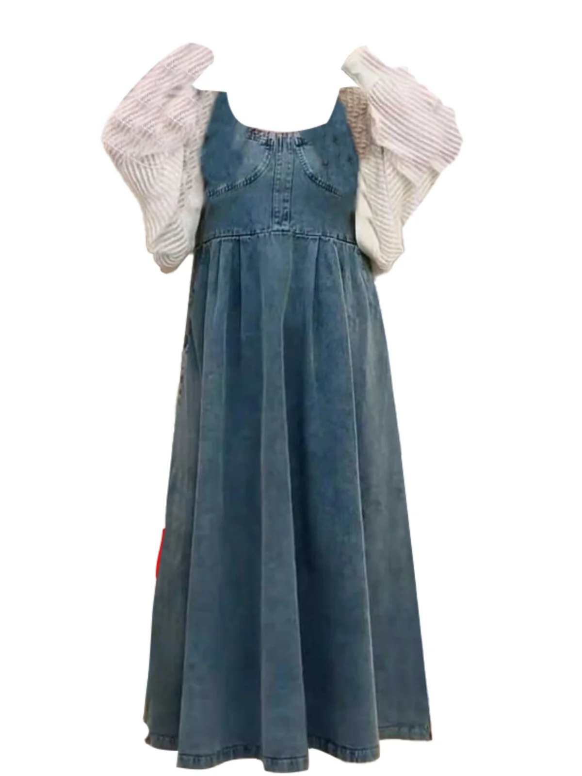 

Slimming Effect Vintage Denim Wrap Dr Women's Summer Faion Set with Open Cardigan Waist Cinched Long Skirt