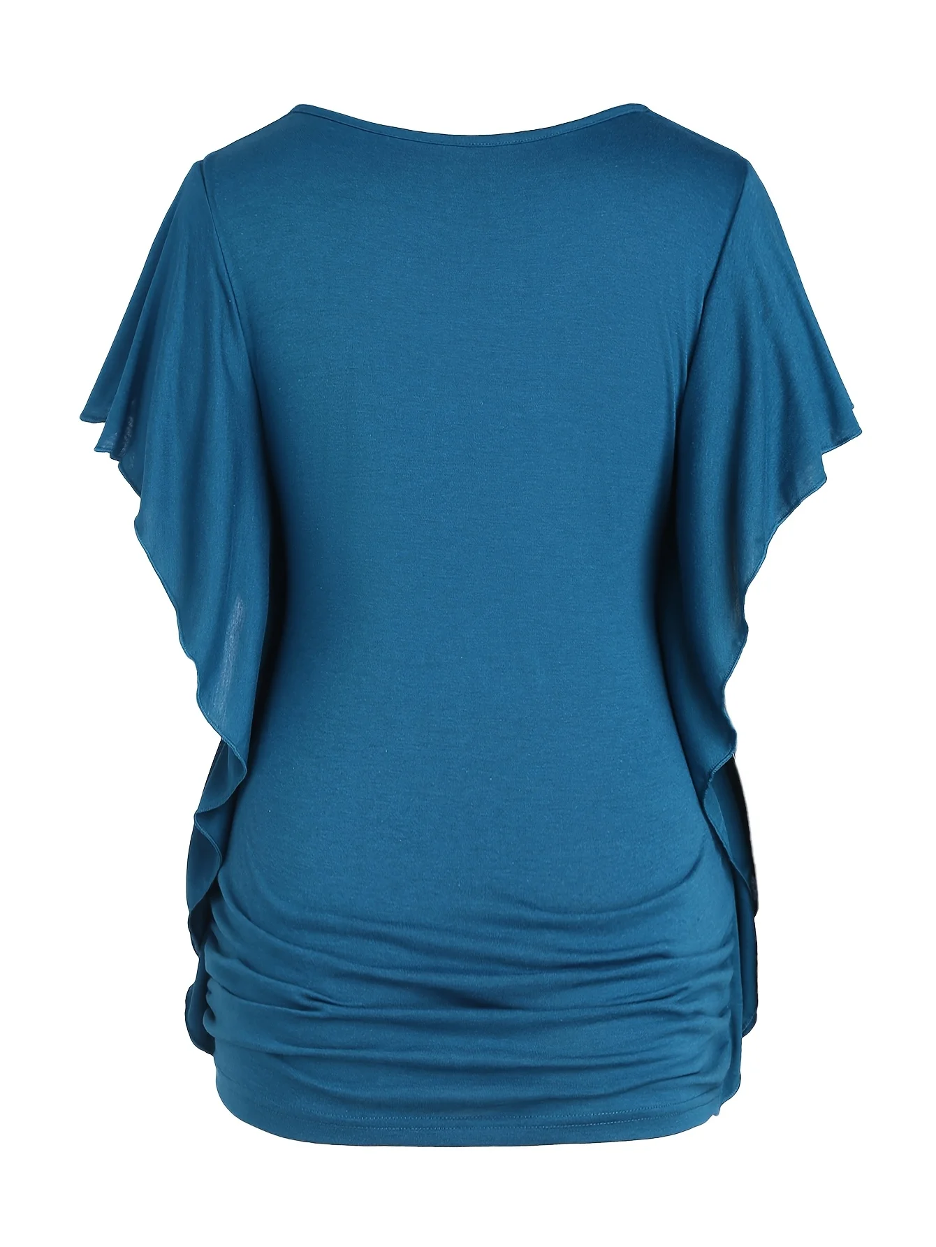 2025, beliebter Stil, großes Damen-T-Shirt mit Schmetterlingsärmeln, Rüschen und Falten, einfarbig, schräge Knopfleiste – Detail 2