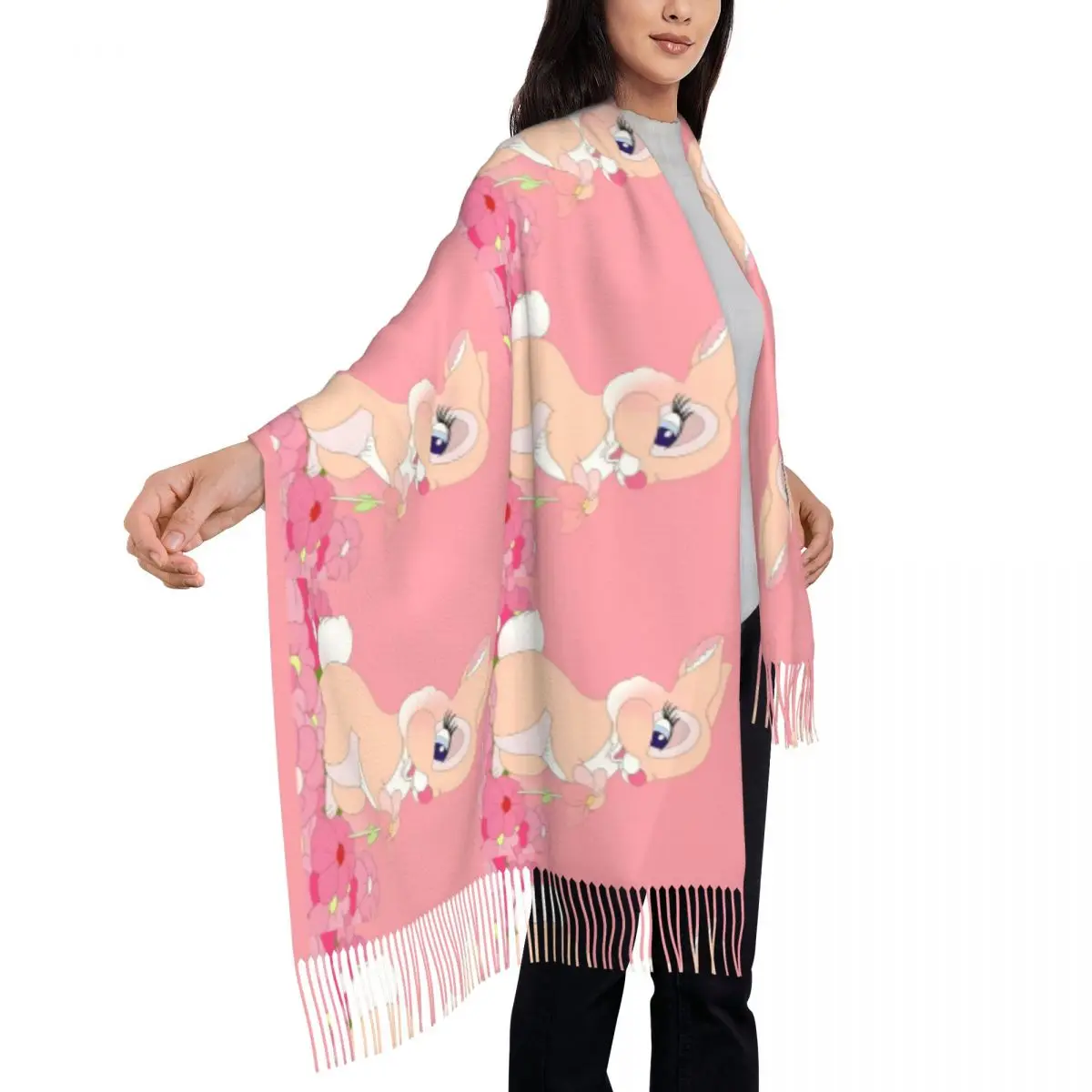 Custom Ladies Large Bambi Rabbit Cartoon Animes Scarves Women Winter Fall Soft Warm Tassel Shawl Wrap Scarf