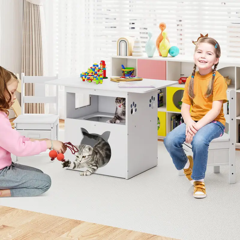 White Wooden Kids Table And Chair Set With Cat House, Featuring Transparent Viewing Window And Storage Box, Suitable For Drawing, Reading, And Pet Climbing Resting, Indoor Furniture Combo