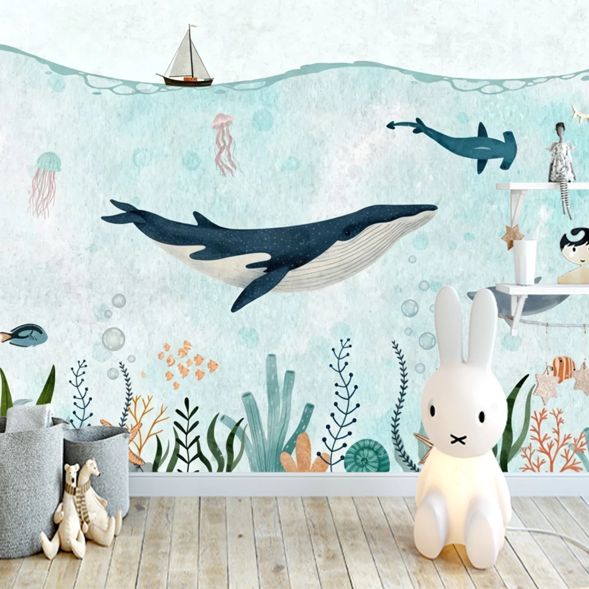 Custom Mural Wallpaper Kids Underwater Peel And Stick Wall Whale Dolphin Sailboat Seaweed For Nursery Bedroom Home Decor