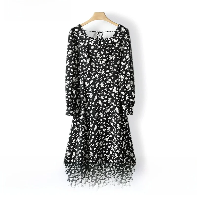 バレエ風スクエアカラー-バブルスリーブ-パールボタン-レディースワンピース-ハイウエスト-aライン-ミディスカート-長袖-花柄プリント