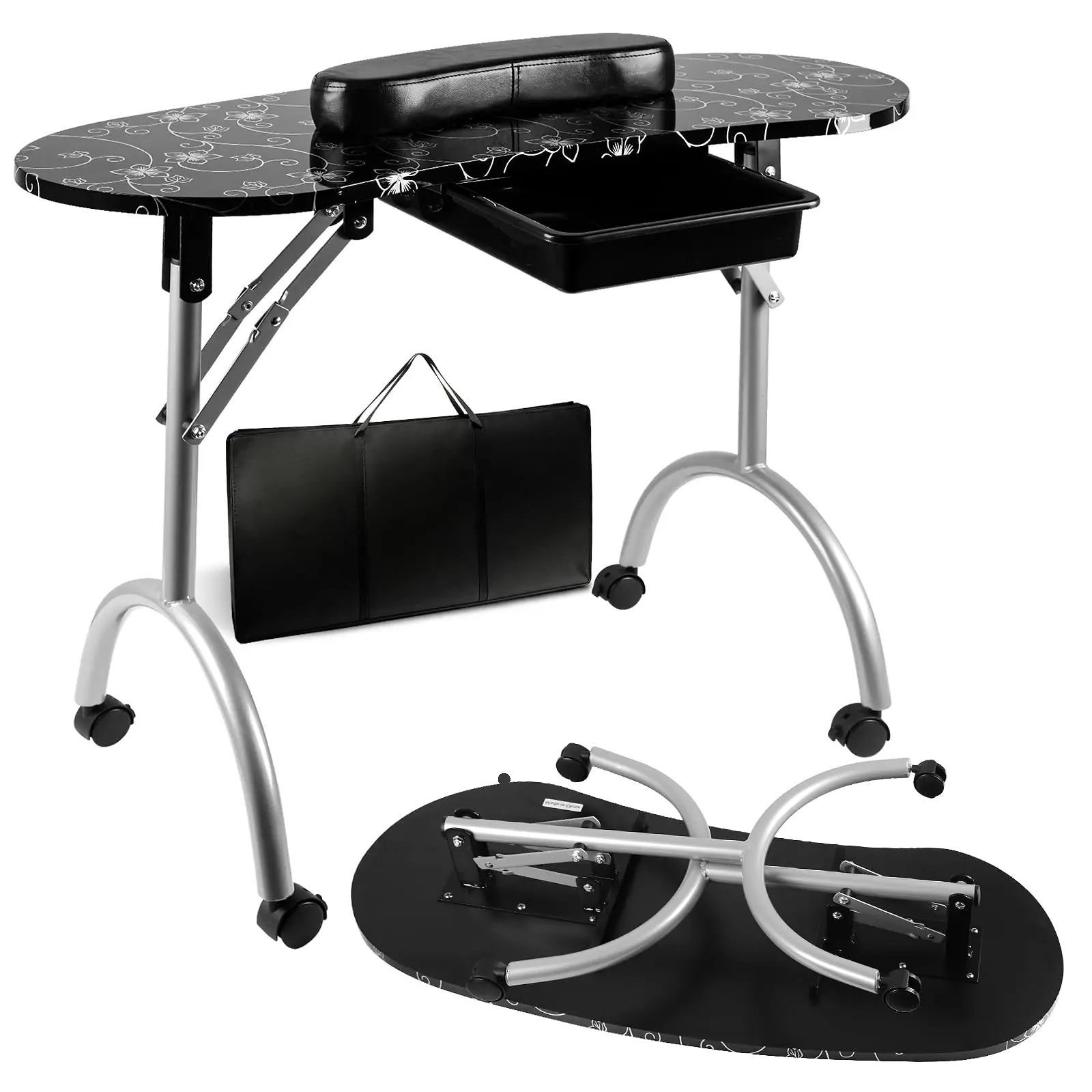 Portable Foldable Nail Desk for Nail Techs Manicure Table with Drawer & Wrist Rest, Wheeled Nail Tech Workstation