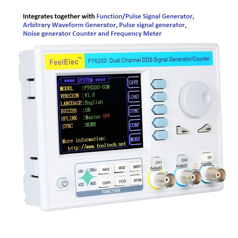 

FeelElec FY6200-20M/30M/60M Function Signal Generator DDS Direct Digital Synthesis Technology 20MHz-60MHz Sine Wave 250msa/s