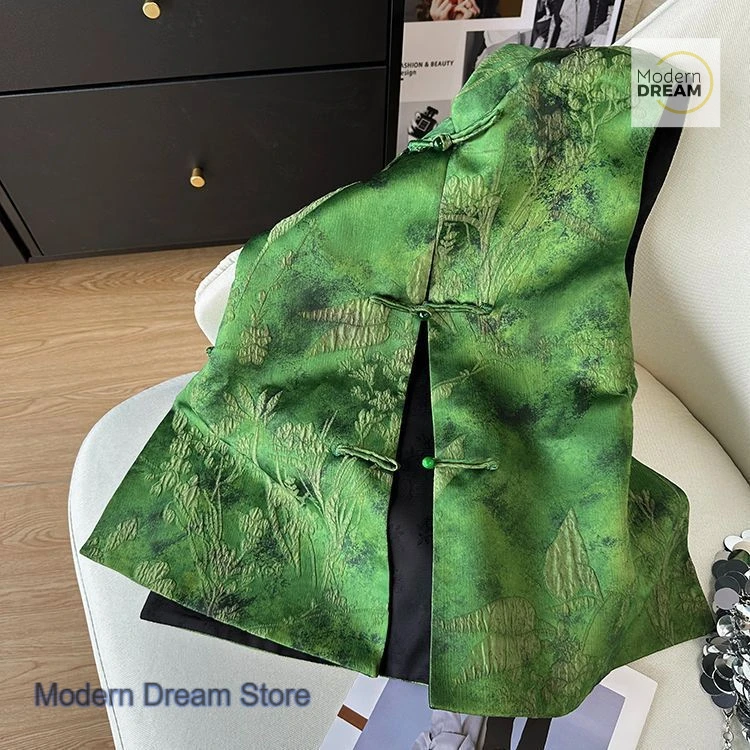 Nuovo gilet verde in acido acetico jacquard cinese da donna primavera e autunno nuovo gilet da abito Tang con fibbia ricamata per l'industria pesante