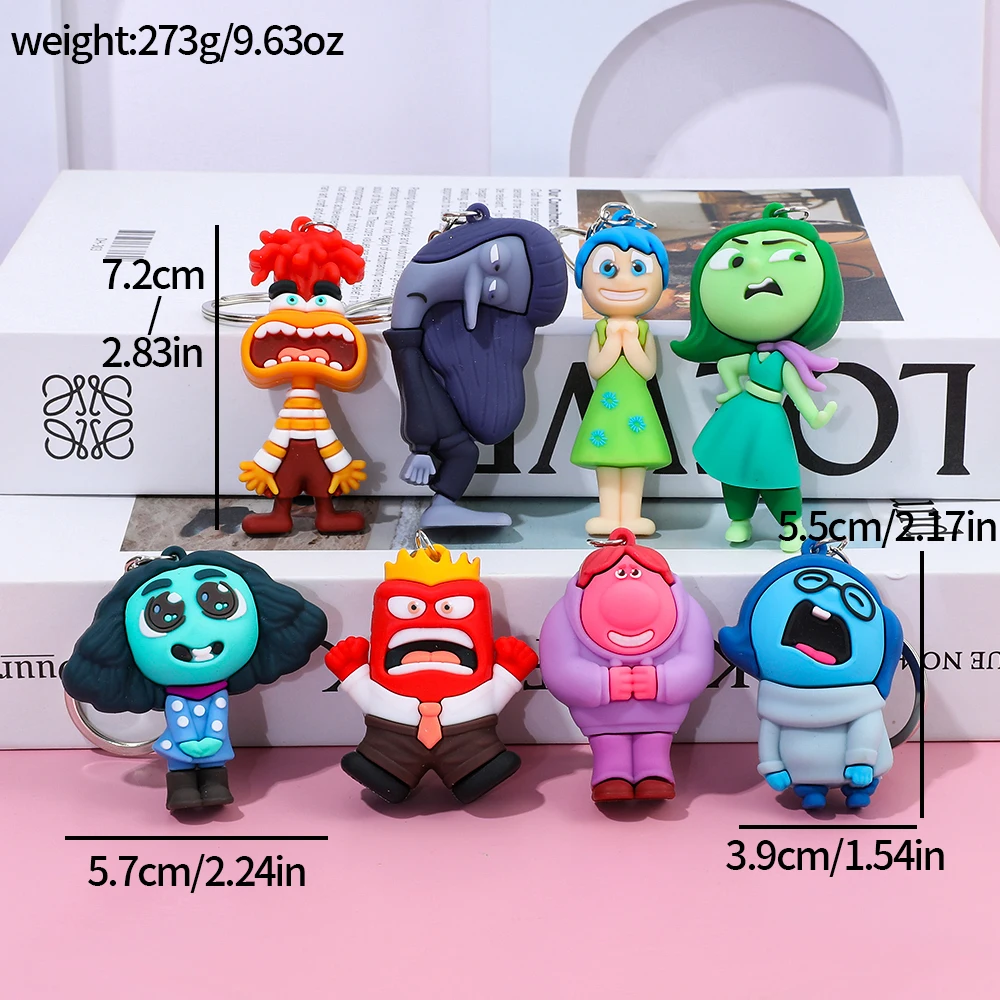 8PCS Disney Inside Out 2 Keychains Cartoon Sadness Anger Disgust Fear Action Figures Dolls Key Rings Kawaii Bags Pendants Kids