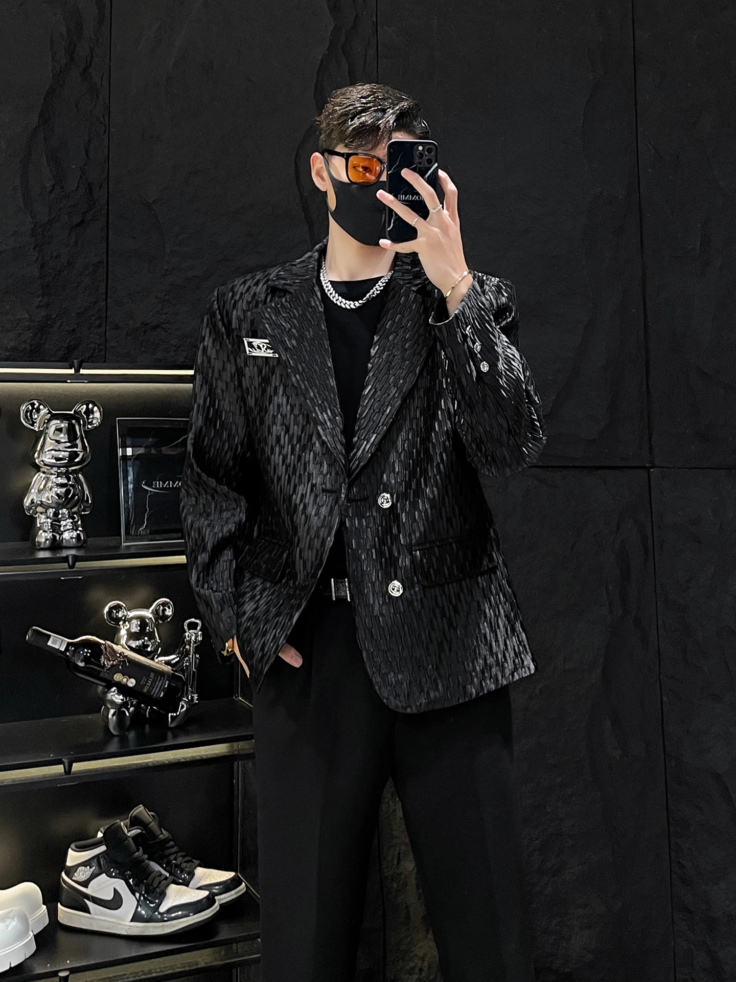 

Bla Loose Fit oulder Padded Men's Suit Jaet HOMME Advanced Sensation k Pattern Pleated Casual Sle Long Sve irt