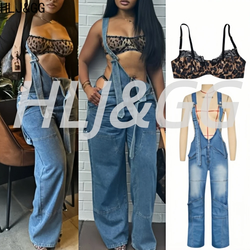 

HLJ&GG Y2K Sexy Jeans Straight Spaghetti Strap One Piece Jumpsuits Women Sleeveless Backless Wide Leg Denim Playsuits Streetwear