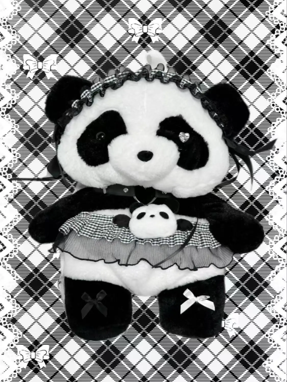 Black And White Checkered Headband Panda Bag Kawaii Subculture Accessory Y2k Lolita Jirai Kei Fashion Landmine Style Backpack