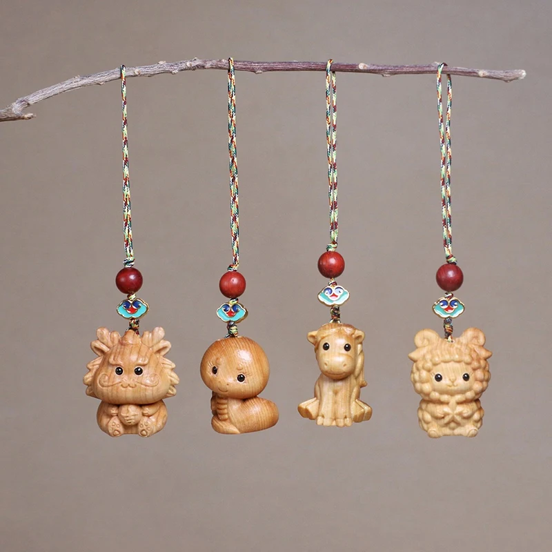 1PC Wood Carving Kawaii Zodiac Keychain Mobile Phone Chain Cute Animal Bag Pendant Car Hanging Decoration DIY Accessories