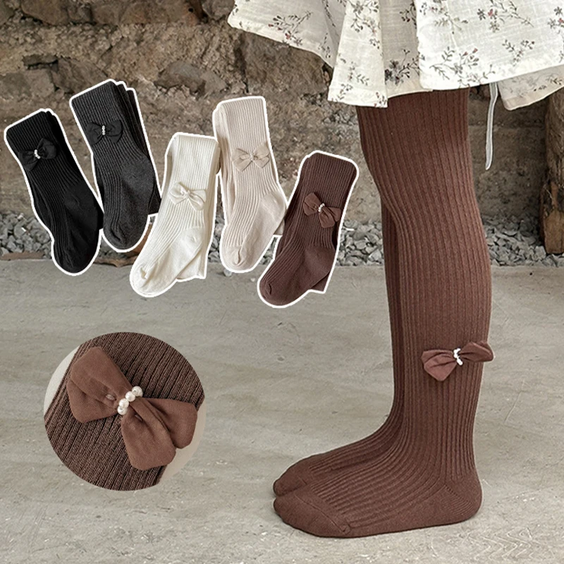 Girls Pantyhose For Infants Newborns Toddlers Stocking Sweet Bowknot Pearl Tights For Kid Autumn Warm Baby Girls Tights