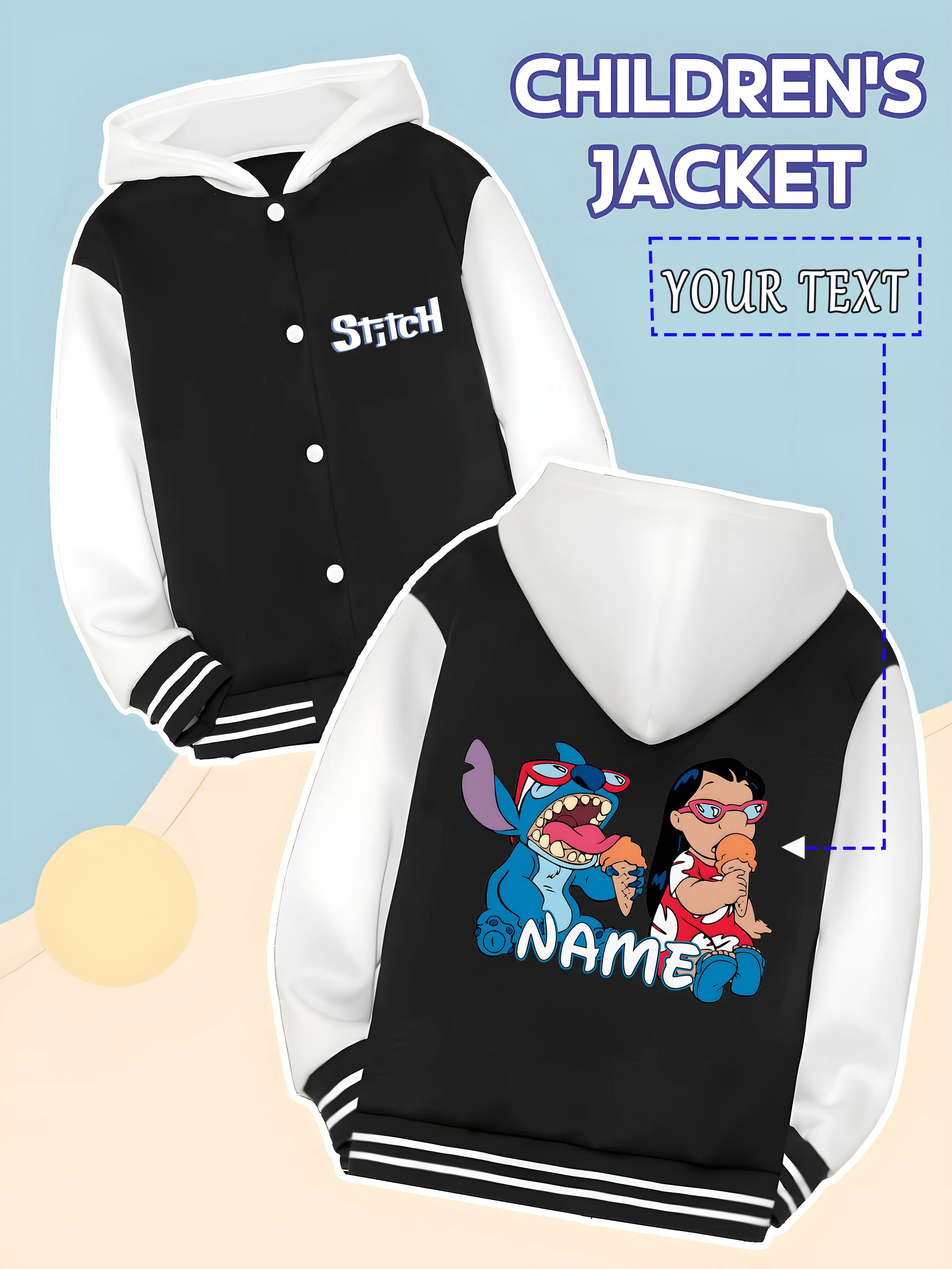 

MINISO Disney Boys Baseball Jacket - Stitch and Lilo eating ice cream cones, spreading summer joy, daily leisure, cultural excha