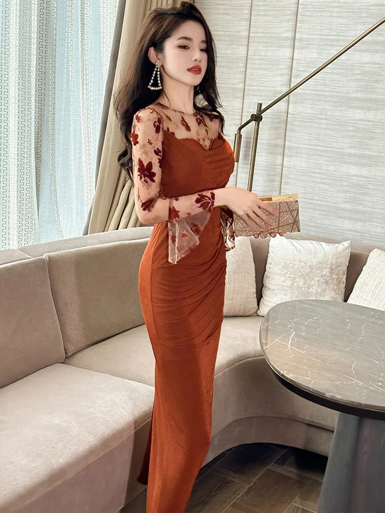 Retro Sexy Velvet See Through Mesh Sheer Long Dresses for Women Black Brown Folds Bodycon Slit Robe Banquet Party Vestido Spring