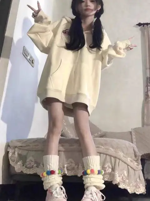 Kit  Print Loose Hooded Zipper Sweatirt Women's Open Cardigan Sweet New Sle INS Outerwear Autumn Winter Trend Brand