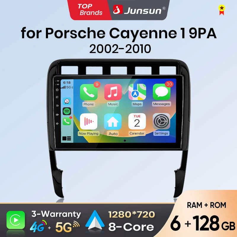 Autoradio Android Auto Junsun per Porsche Cayenne 2002 2003 2004 2005 2006 2007-2010, Sistema Multimediale Wireless Apple CarPlay, Schermo Touch IPS Intelligente, Lettore Video Stereo, Autoradio 2