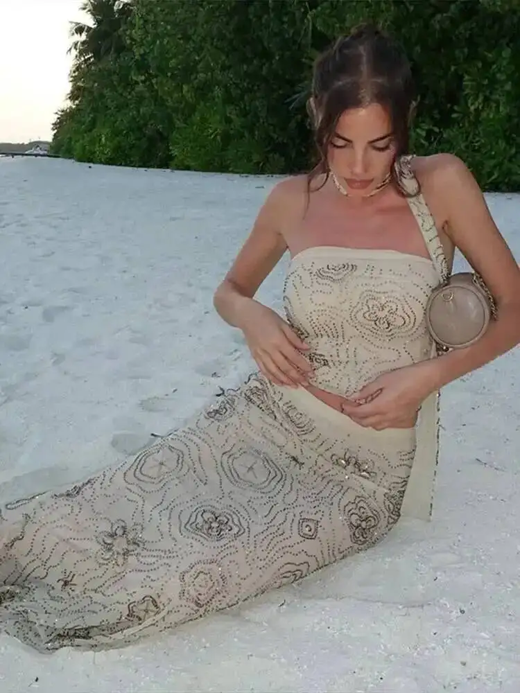 2025 elegante feminino frisado halter saia superior conjunto sexy sem mangas impresso 2 peças de cintura alta saia longa praia festa clube xk9w